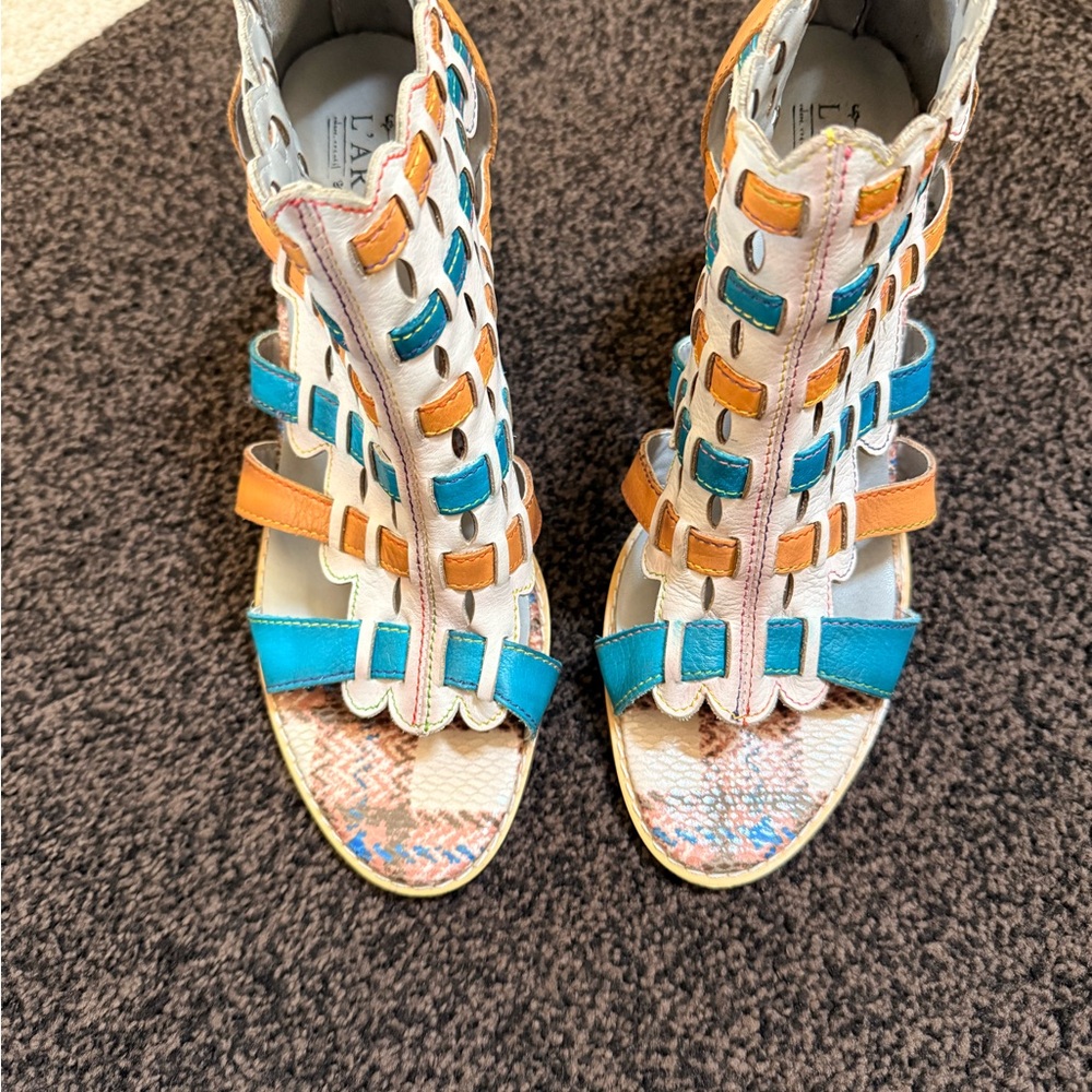 Spring Step Blue and Tan Heels Strappy Elegance